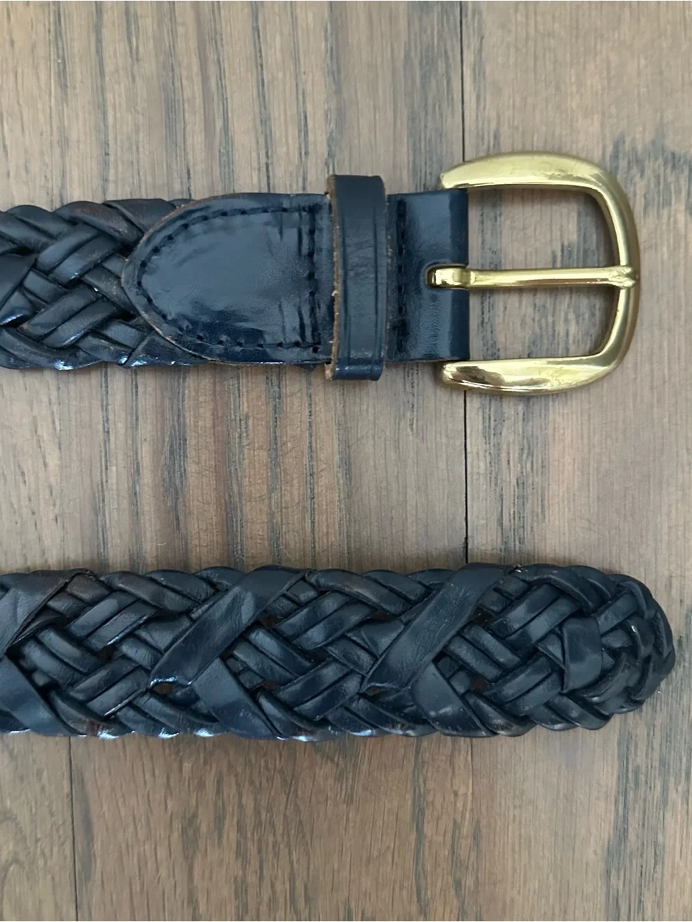 Vintage Talbots Braided Leather Belt Solid Brass Square Buckle Gloss Navy Large